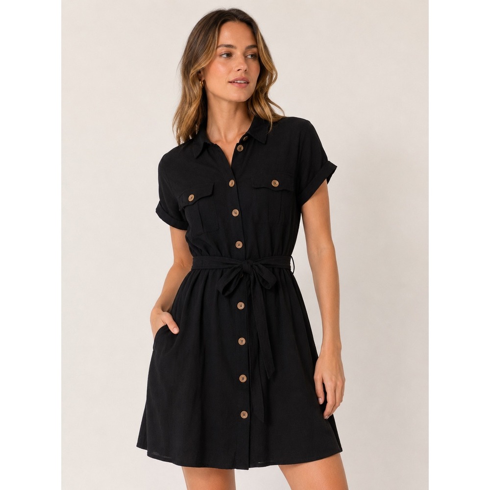 Blu Pepper Black Linen Blend Short Sleeve Button Down Shirt Dress Medium